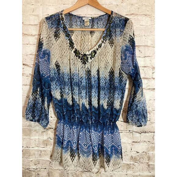 Cache Top Womens Large Blue Snakeskin Animal Print Beaded V Neck Boho Hippie - Picture 1 of 13